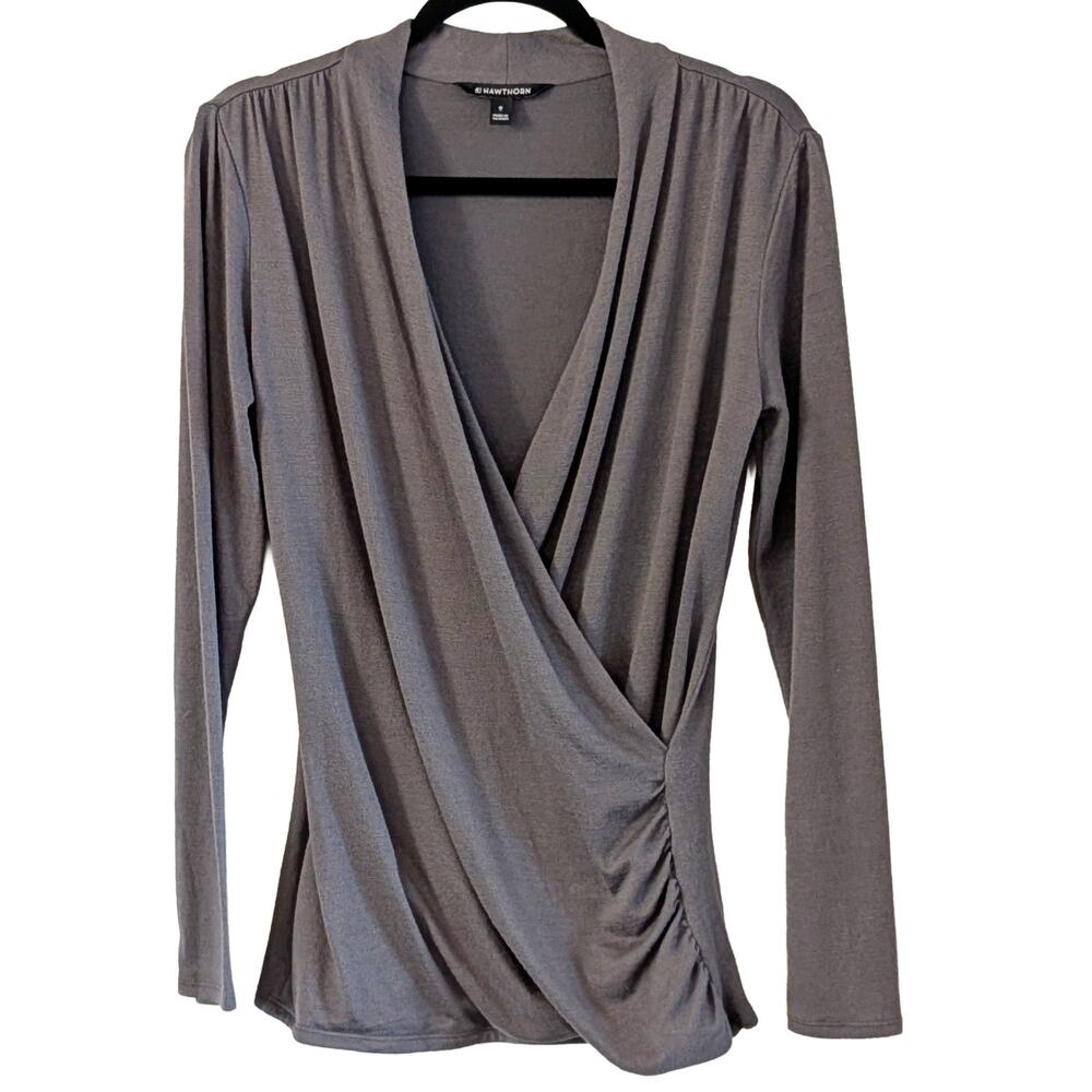 41 Hawthorn Gray Long Sleeve Knit Blouse Top M Faux Wrap Surplice Neckline